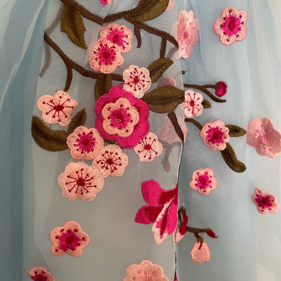 Chasing Fireflies Girls Blue Dress with Embroidered Flowers and Big Bow on Back - Picture 2 of 4